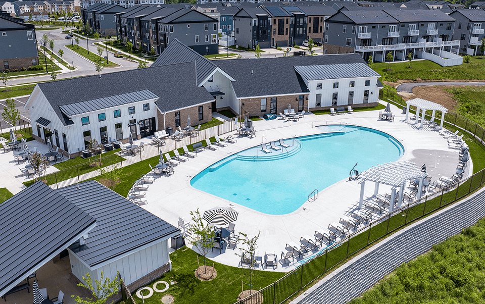 Aerial view of the South Lake clubhouse and resort-style swimming pool
