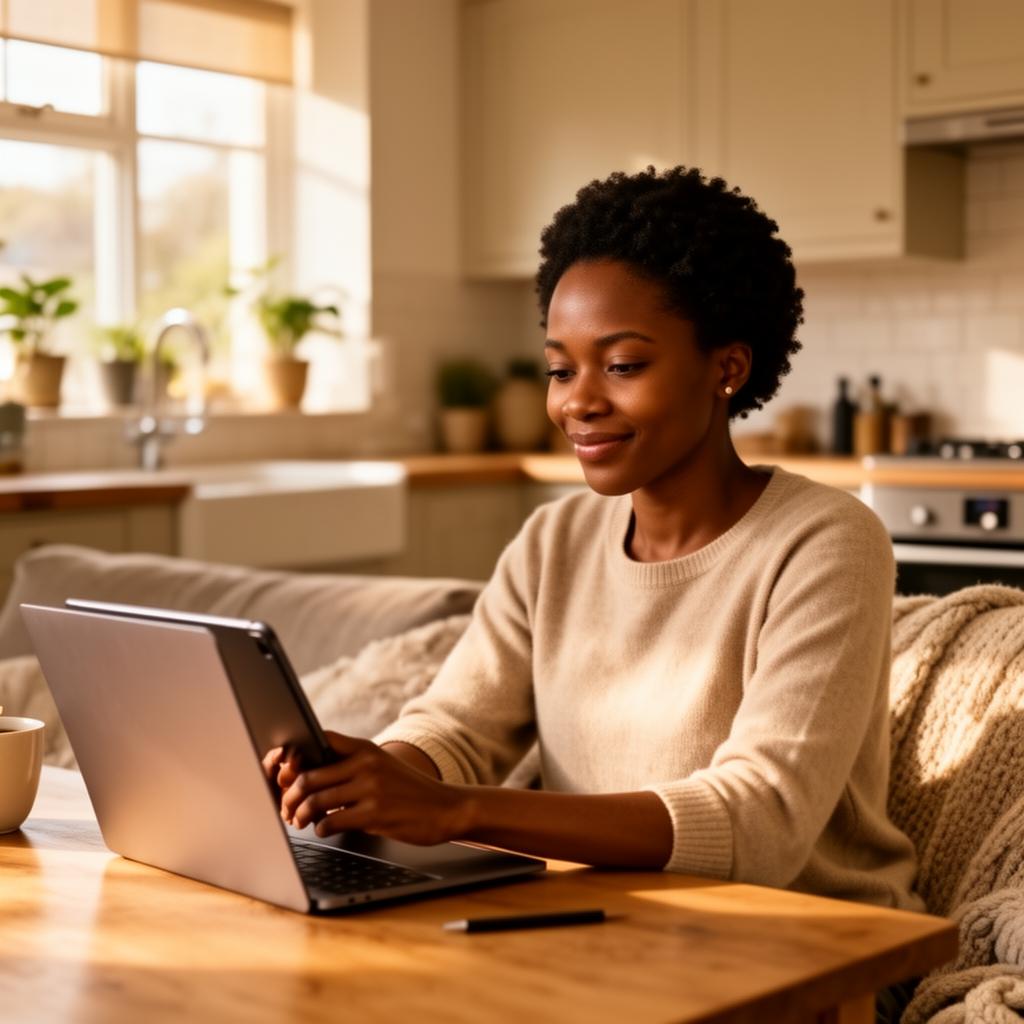 Woman thoughtfully taking the homeownership readiness quiz on her laptop
