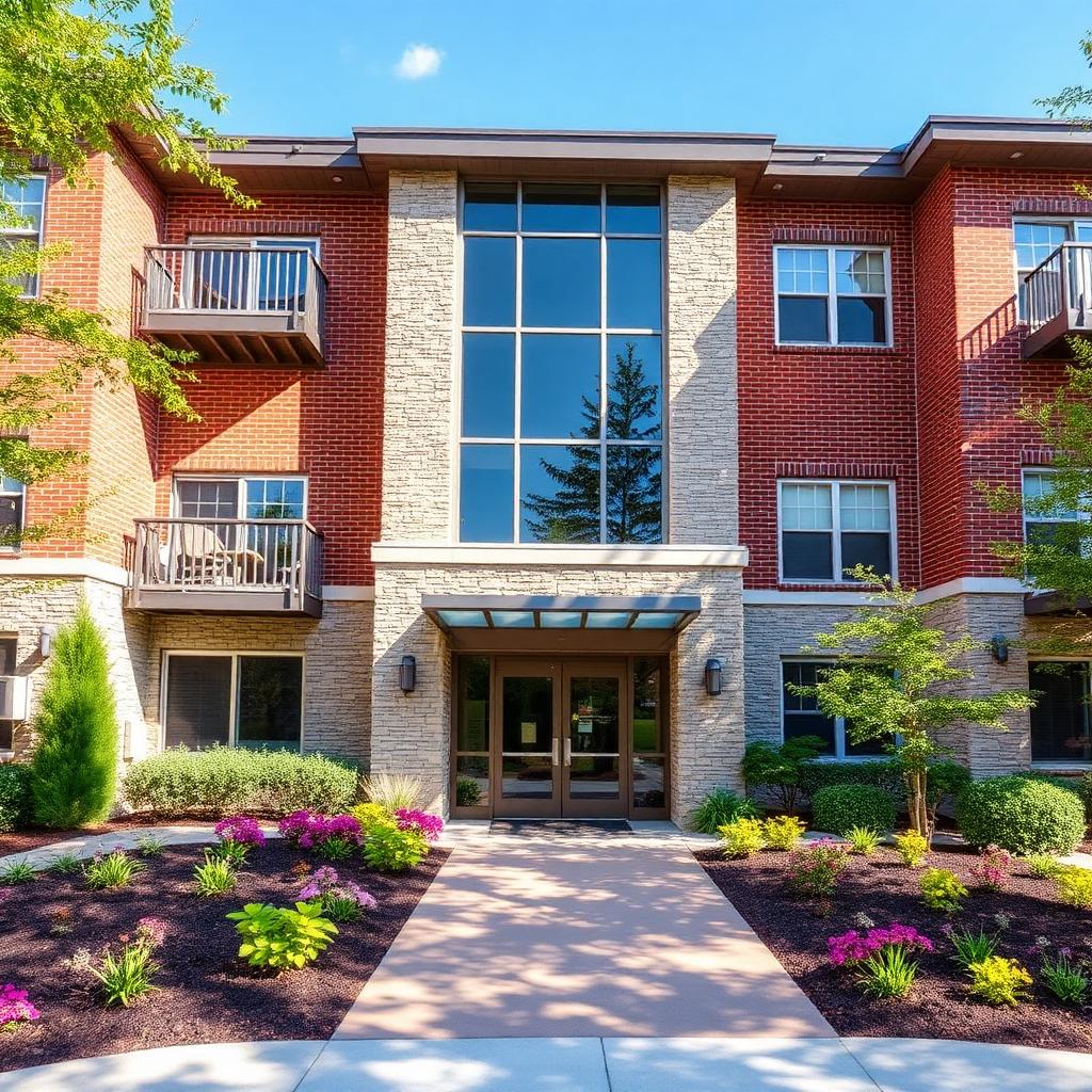 Front entrance of the Beechfield Manors 55+ condominium building in Bowie