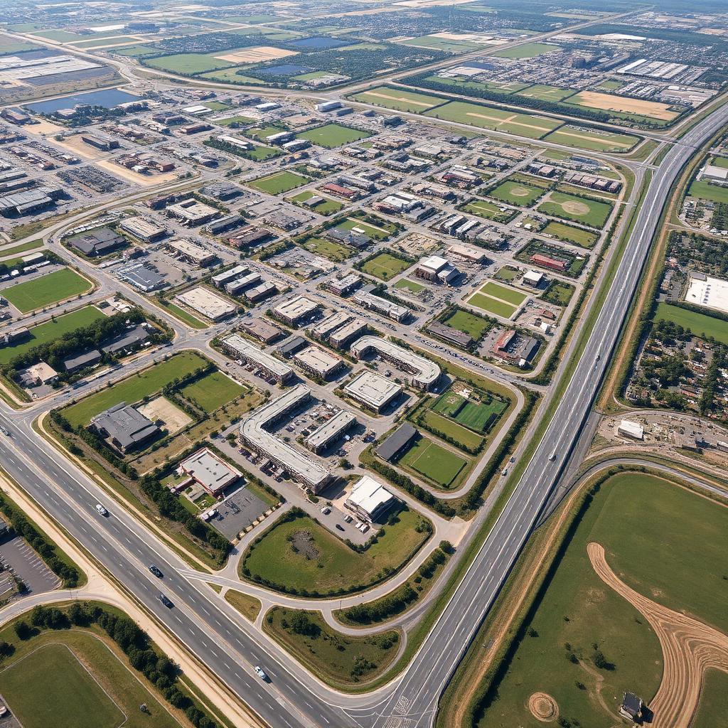 Aerial view of the Konterra Town Center master plan along I-95 in Laurel