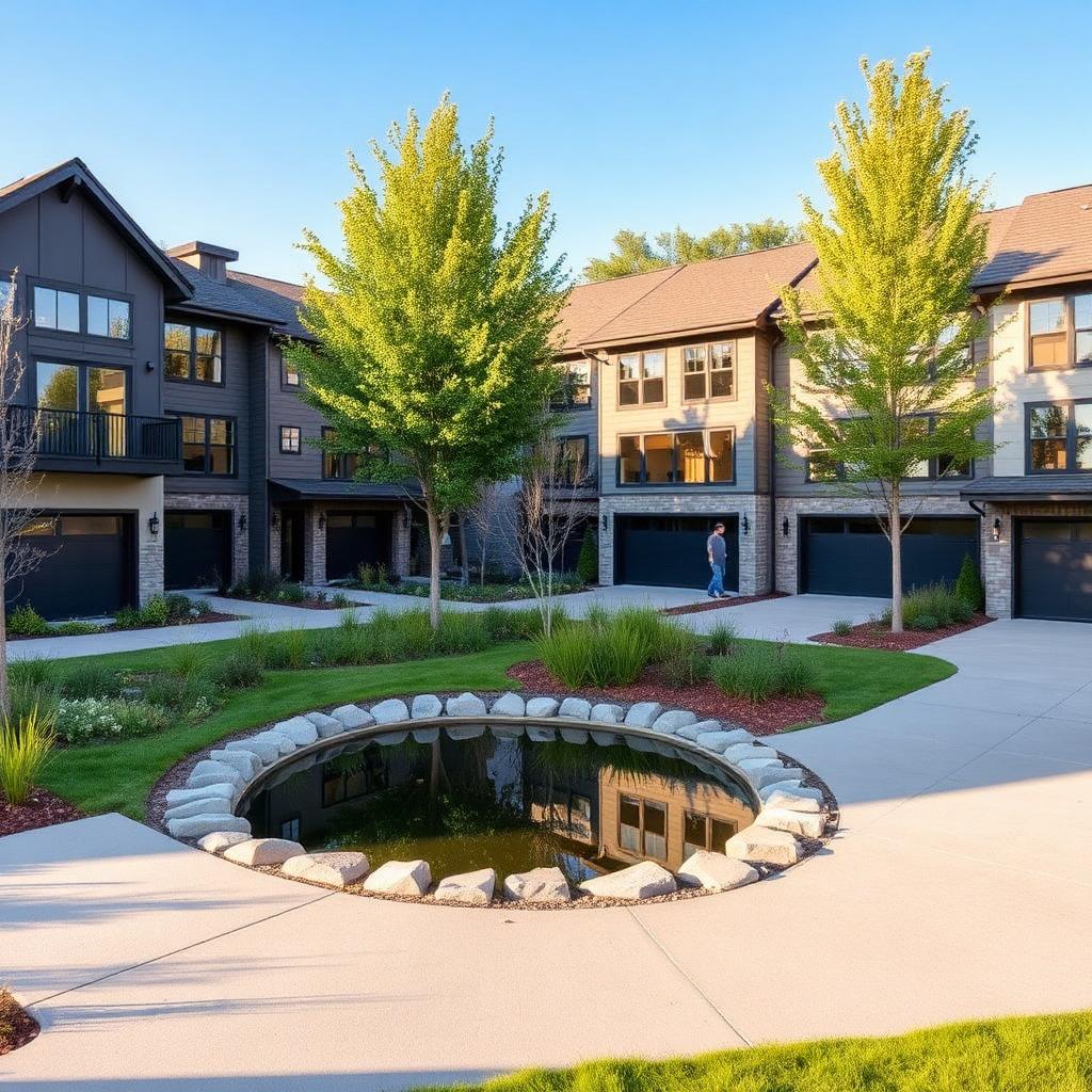 Garage townhomes around a pond and walkable green space at Melford Town Center in Bowie