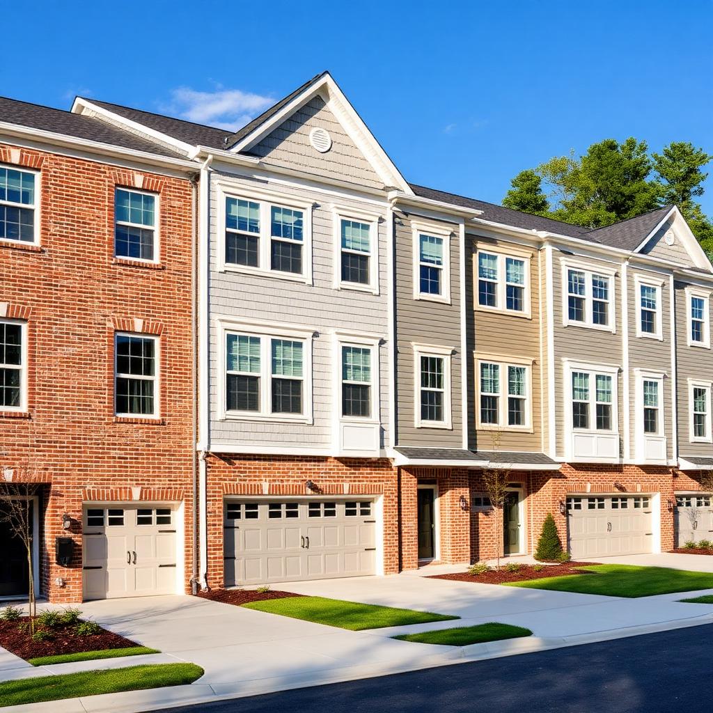 Row of brick and siding garage townhomes at Mill Branch Crossing in Bowie