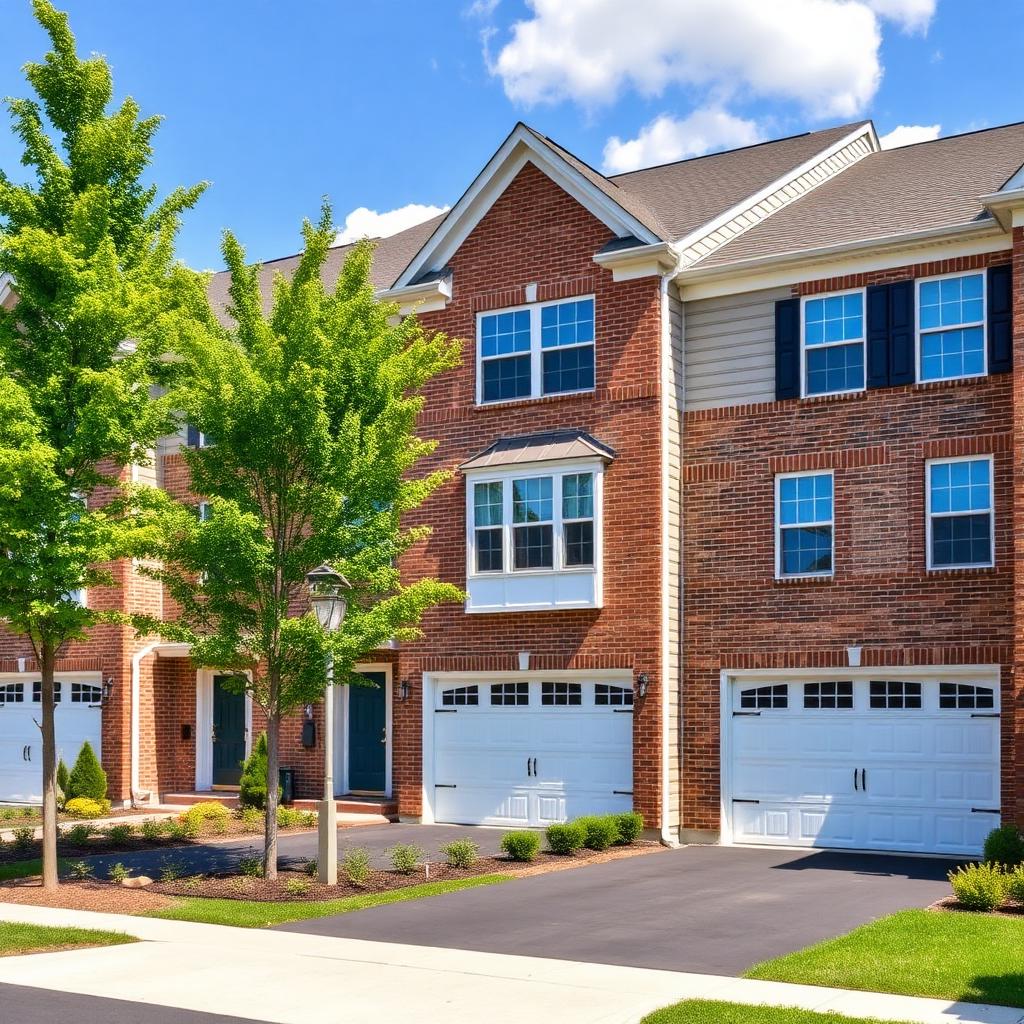 Brick townhomes with two-car garages at Stephens Crossing in Brandywine, MD